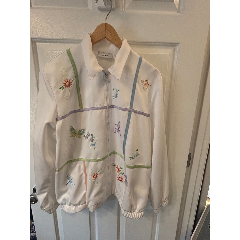 Vtg Alfred Dunner White Embroidered Butterfly Dragonfly Zip Up Jacket Vintage 12